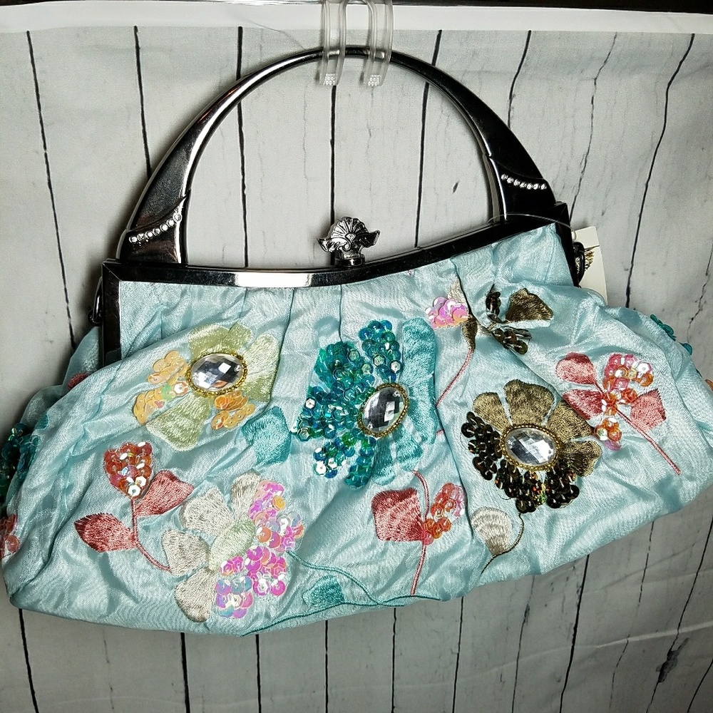 New Beaded Embroidered Blue Satin Evening Bag